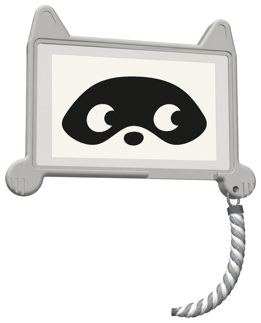 The Bandit prototype: a light grey case with raccoon ears and paws around the e-paper page, which shows the raccoon mask, and a striped tail hanging from one paw